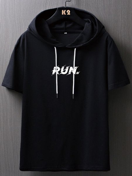 

men letter graphic drawstring hooded tee t6le#, White;black