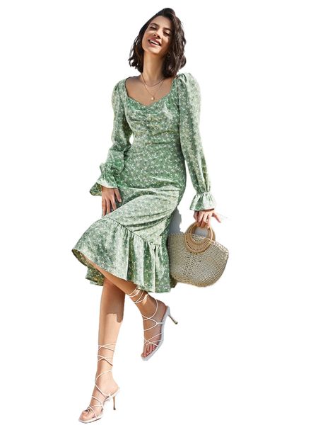 

ditsy floral flounce sleeve ruffle hem dress d2rg#, Black;gray