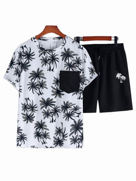 

men random tropical print pocket patched tee & shorts f7cu#, Gray