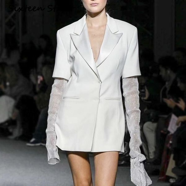 

bling diamond sleeve white jacket woman autumn turndown collar runway design street wear casual shine coat woman 201029, Black;brown