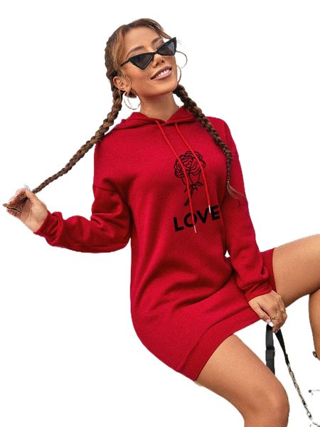 

letter & floral print drop shoulder drawstring hoodie r2ho#, Black