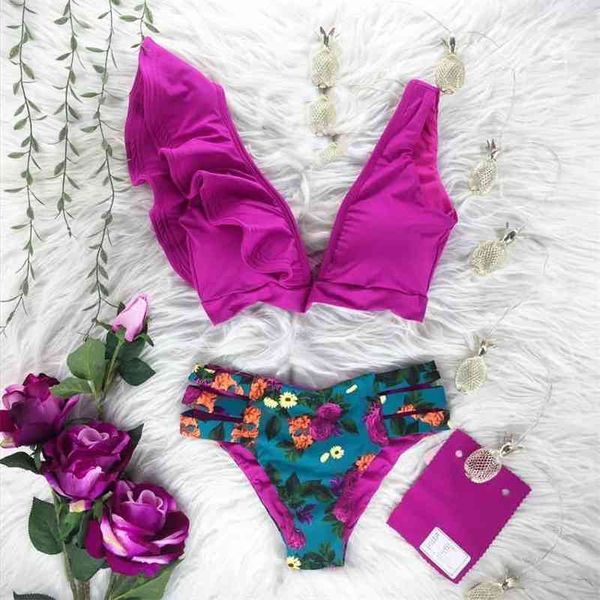 

high waist bikini swimwear women print swimsuit push up ruffle bikinis set women bandage bathing suit summer beachwear 210322