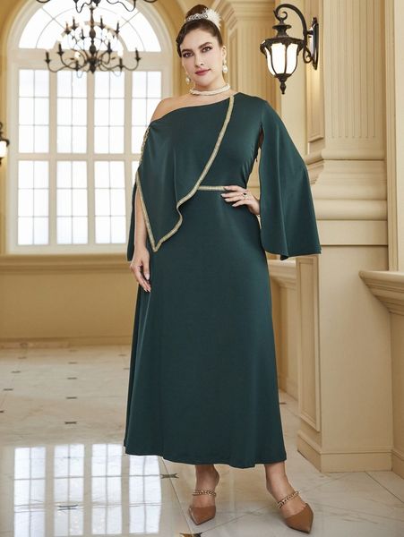 

plus asymmetrical neck cloak sleeve floral embroidered dress e3mp#, Black