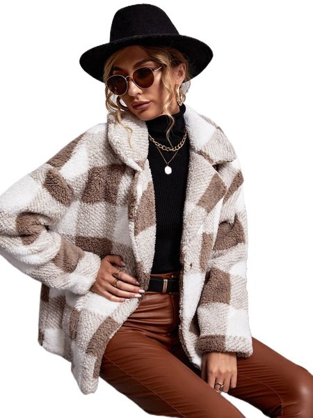

x belinda buffalo plaid print drop shoulder teddy coat e4p4#, Black