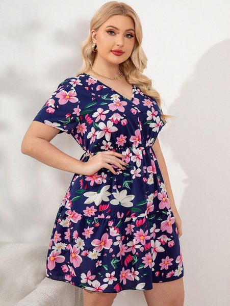 

plus floral print ruffle hem dress 26kj#, Black