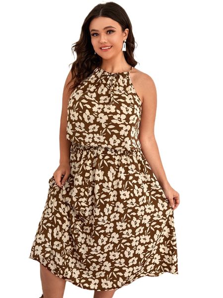 

plus allover floral print halter & skirt g6uz#, Black