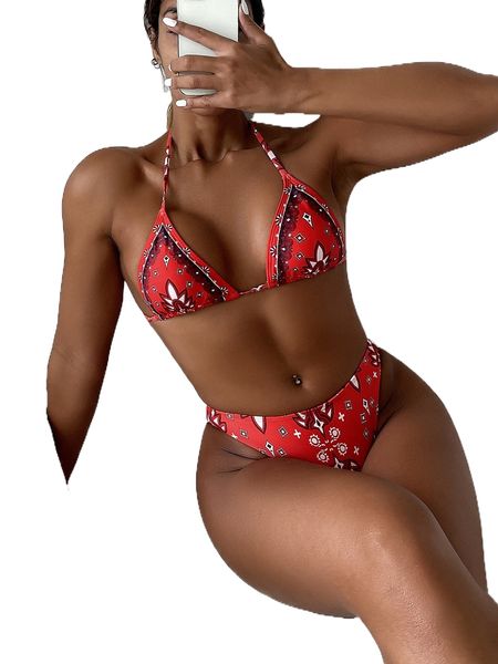 

allover print halter triangle bikini swimsuit a4ks#, White;black