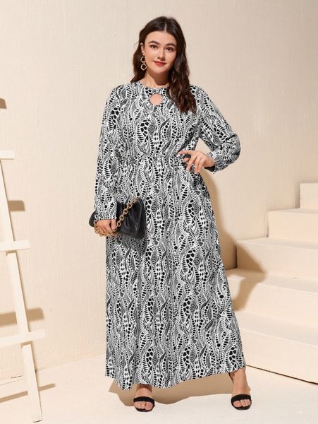 

plus allover print cut out detail dress z6zn#, Black