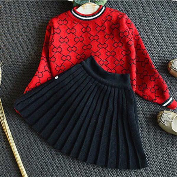 

winter kids girls clothes set pullover sweater pleated skirt 2 pcs suit spring autumn outfits for children girl's clothing, White