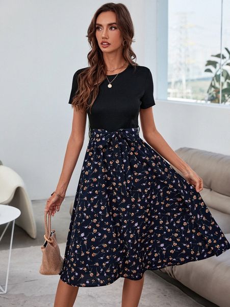 

ditsy floral belted a-line dress y71c#, Black;gray