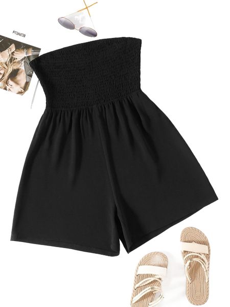 

shirred bodice wide leg tube romper w21g#, Black;white