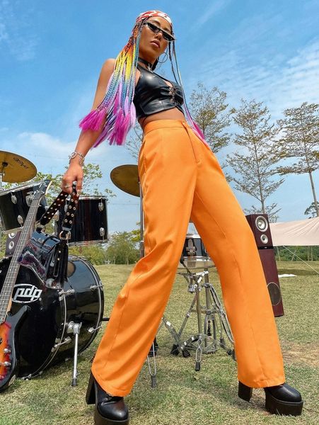 

high waist plicated detail straight leg pants z7zi#, Black;white