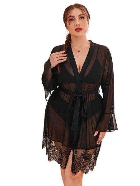 

plus contrast eyelash lace flounce sleeve belted robe a1ot#, Black;white