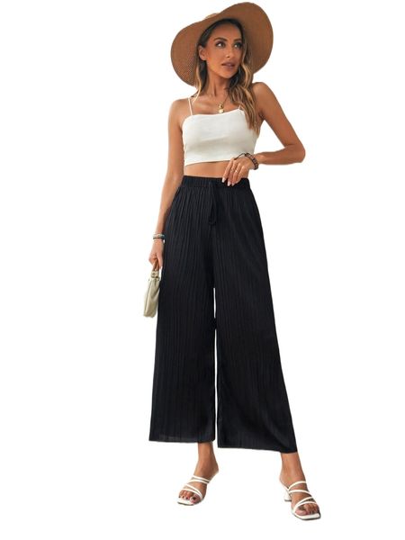 

high waist tie front pleated wide leg pants c5vx#, Black;white