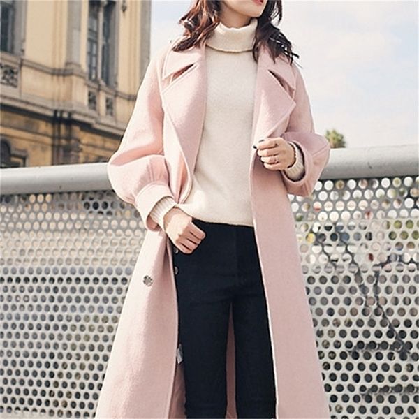 

wool trench coat plus velvet female fashion pink elegent autumn winter women casual lantern sleeve long slim high 201221, Black
