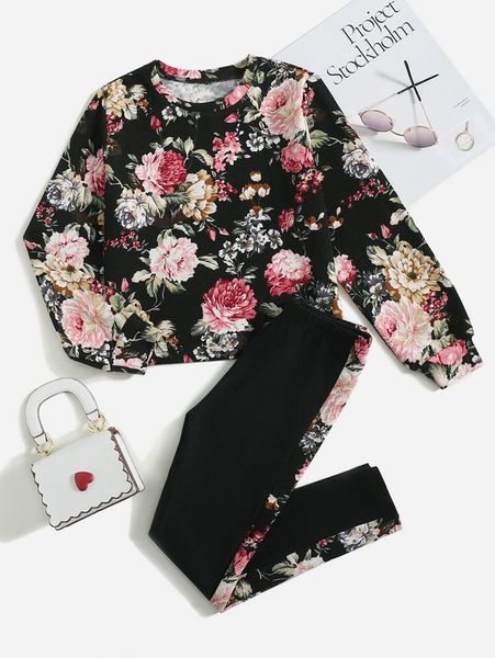 

girls floral print pullover & side striped pants set she, White