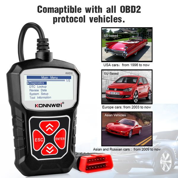 Konnwei KW310 OBD2 Scanner para Auto OBD 2 Carro Scanner Diagnóstico Ferramenta de diagnóstico Scanner automotivo Ferramentas de carro Russo Linguagem PK Elm327 Rápido Rápido