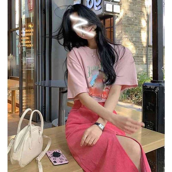 

two piece dress 2022 summer women's fashion royal sister net red fried street aging t-shirt pink split skirt two-piece suit rgcb, White