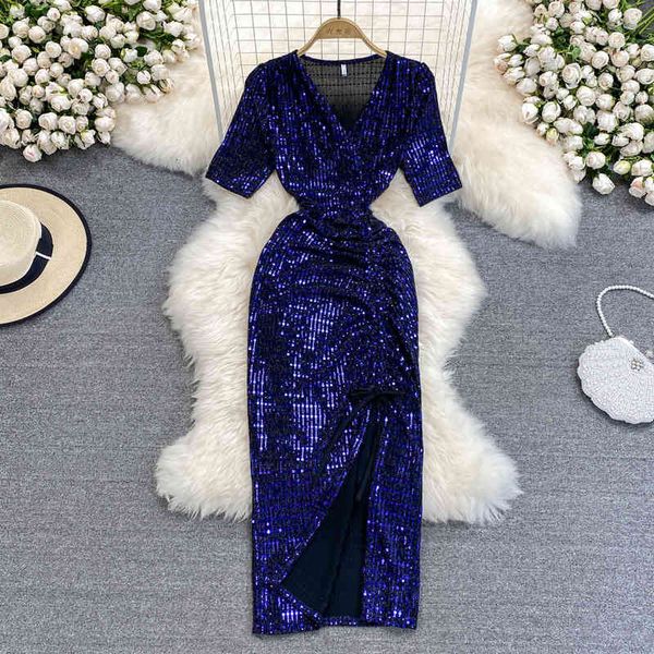 

casual dresses 2022 summer fashion light mature style v-neck glittering sequin split tight skinny hip wrap dress short sleeve 8ccr, Black;gray