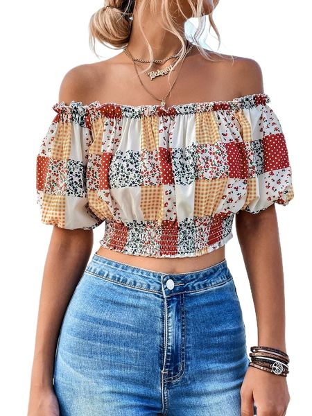 

patchwork off the shoulder frill trim blouse l3nc#, White