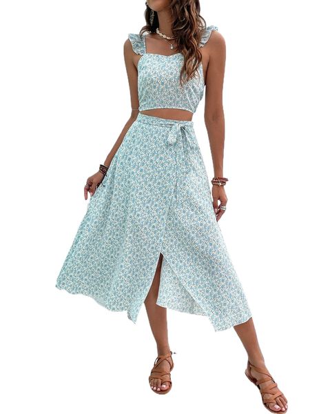 

d.itsy f.loral print r.uffle trim crop & w.rap b.elted s.kirt e307#, White