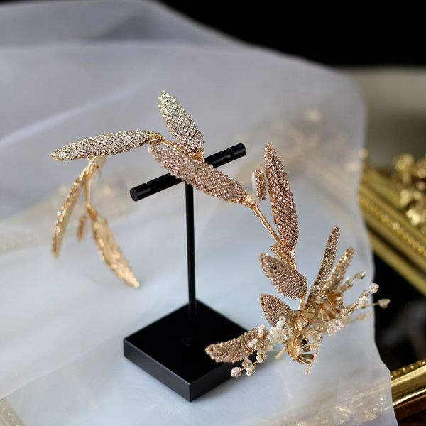 

bride elegant crystal hairband earrings gold retro leaves head piece luxury wedding hair accessories 0615