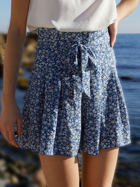 

ditsy floral tie front fold pleated skirt d9uf#, White;black