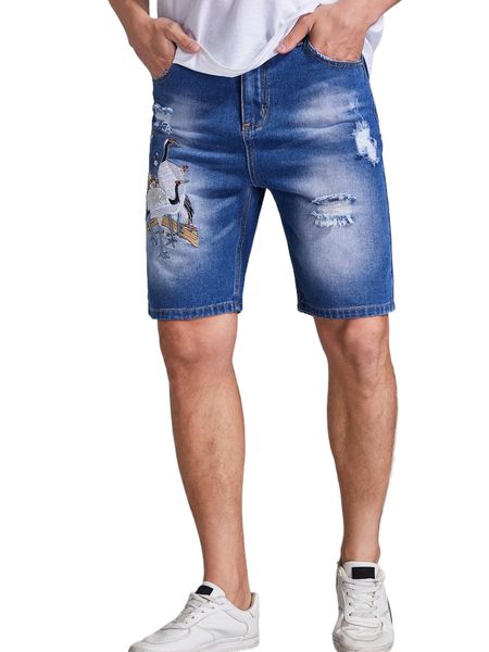 

men crane embroidery bleach wash ripped frayed denim shorts h9uz#, White;black