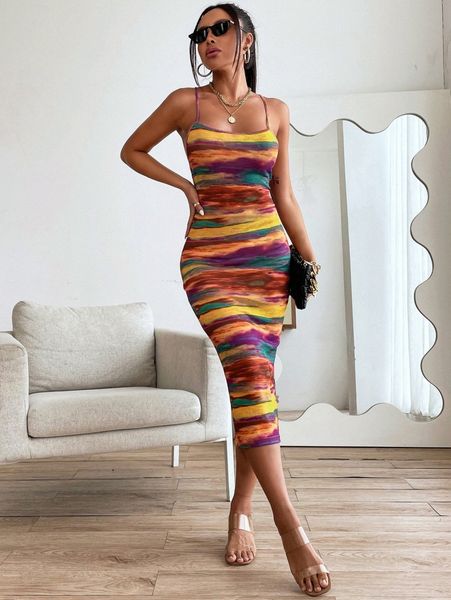 

tie dye crisscross backless cami dress k0mg#, Black;gray