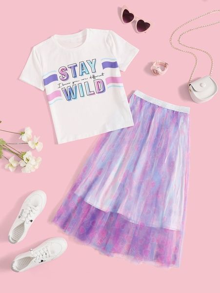 

girls slogan graphic tee & heart mesh skirt set she, White