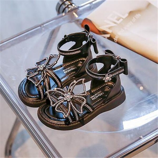 

children girl sandals summer new style bow rhinestone princess shoes soft -bottom kids baby open toe sandal, Black;red