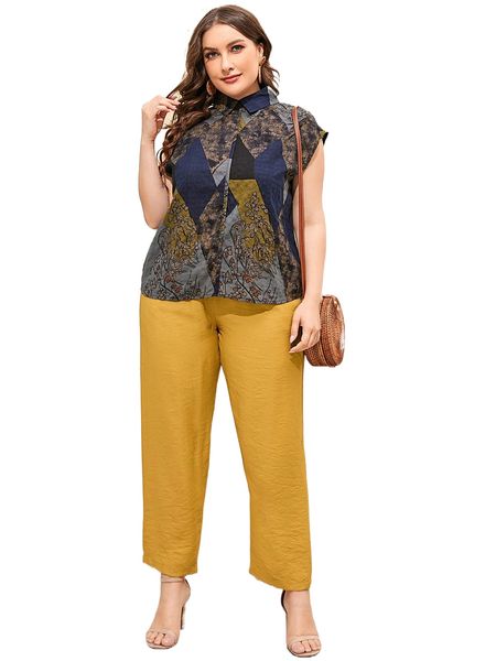 

plus plants print tie dye blouse & pants b8tg#, Black