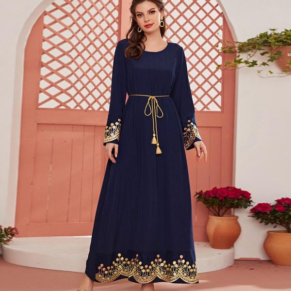 Ethnische Kleidung Wepbel Djellaba Eid Abaya Muslimisches Kleid Frauen Casual Langarm Blaue Spitze Gestickte Pailletten Maxi-Kaftan Islamisch