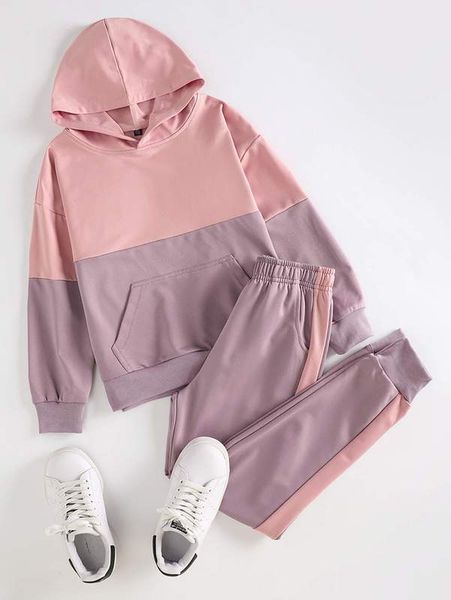 

girls colorblock kangaroo pocket hoodie & sweatpants she, White