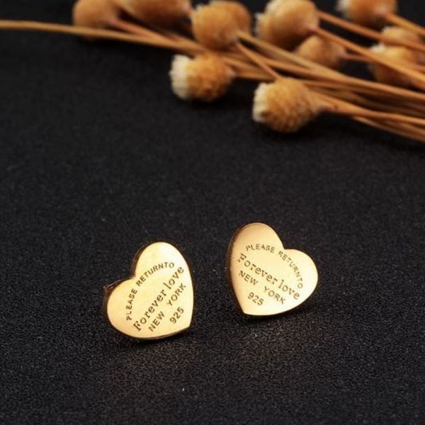 

classic style women love heart studs luxury titanium steel fashion earrings logo printed wedding party gifts, Golden;silver