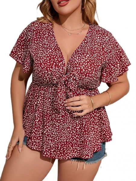 

plus all over print tie front peplum blouse g55p#, Black