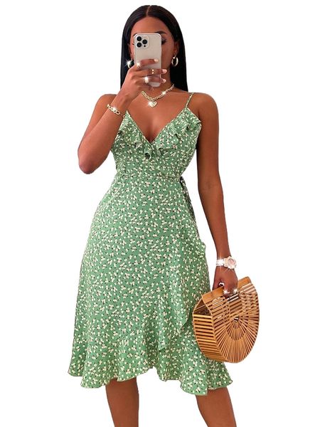 

sxy random ditsy floral ruffle trim tie side cami dress 249x#, Black;gray