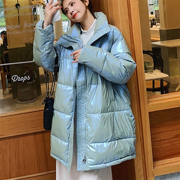 

women parkas fashion thick warm winter shiny loose jacket coat winter oversize parkas solid outwear jacket 201126, Black