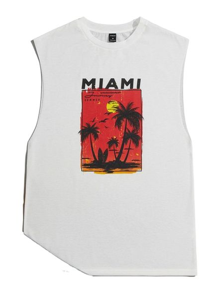 

men coconut tree & letter graphic tank s5ef#, White;black