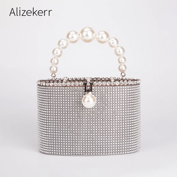 

luxury diamonds evening clutch bags women pearls handle metal cage clutch purse female chic shoulder bags dinner party