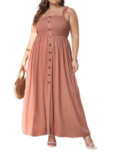 

plus button front shirred cami dress k9ot#, Black