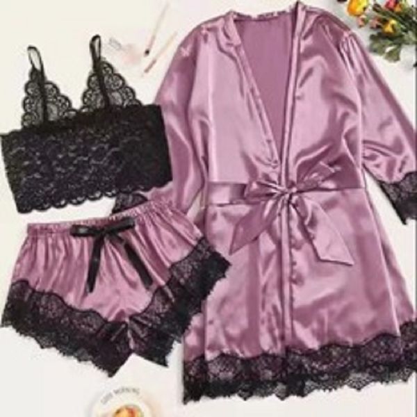 

casual dresses lace bra panty nightgown shorts loungewear 4pcs set women nightdress suit, Black;gray