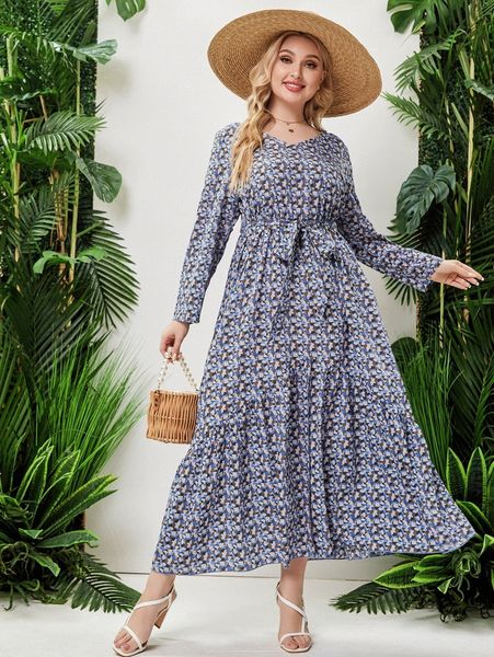 

plus allover print ruffle hem belted dress e06e#, Black