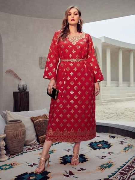 

plus gold print appliques tunic dress without belt k8xx#, Black
