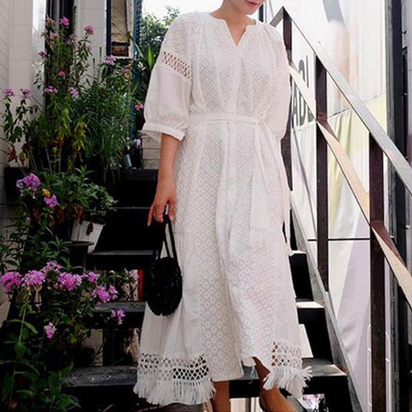 Vestidos casuais elegantes bordados de renda de algodão branco Boho vestido 2022 Autumn vintage Lantern Manve