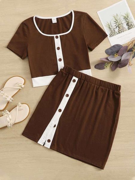 

teen girls scoop neck button front color block & skirt set she, White