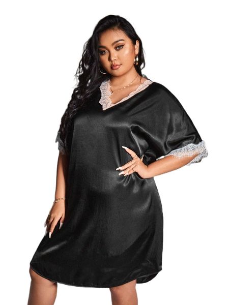 

plus contrast lace satin nightdress z6qs#, Black;white