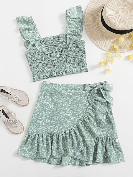 

teen girls ditsy floral ruffle armhole shirred crop & wrap knot skirt set she, White