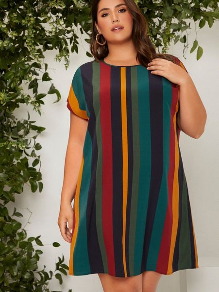 

plus striped colorblock batwing sleeve dress w2bx#, Black