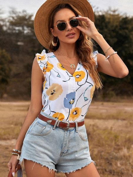 

floral print ruffle trim blouse h32y#, White